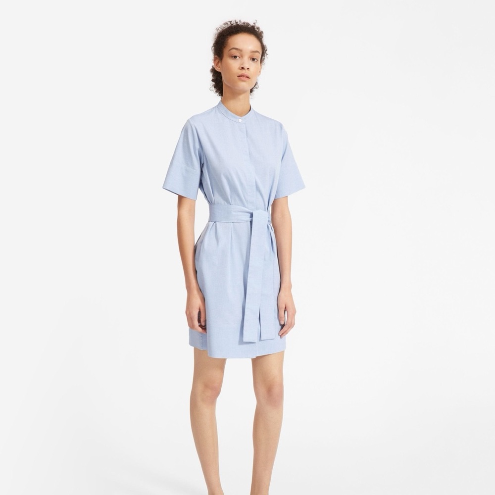Everlane Cotton Collarless Tie Waist Belted Shirtdress Dress Light Blue 2